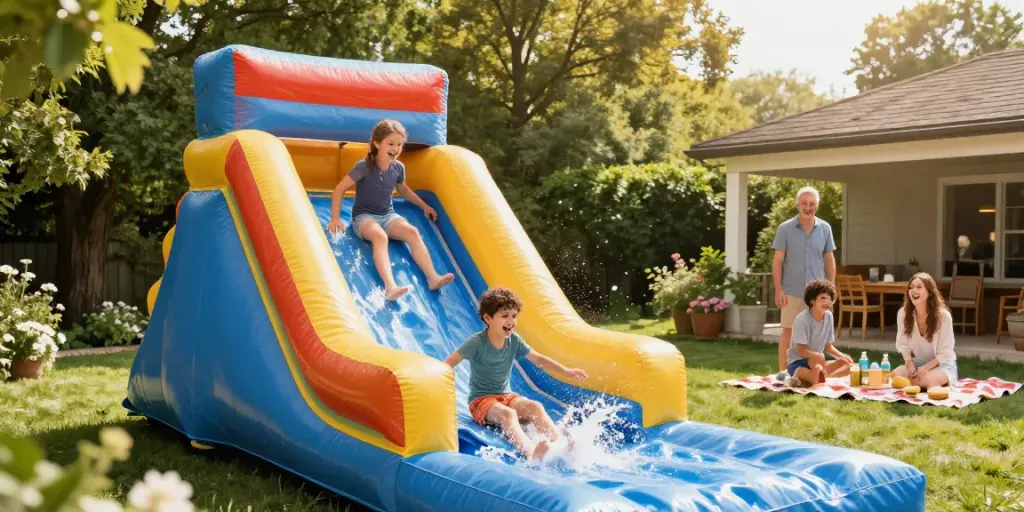 Family enjoying a water slide in a vibrant backyard on a sunny day.