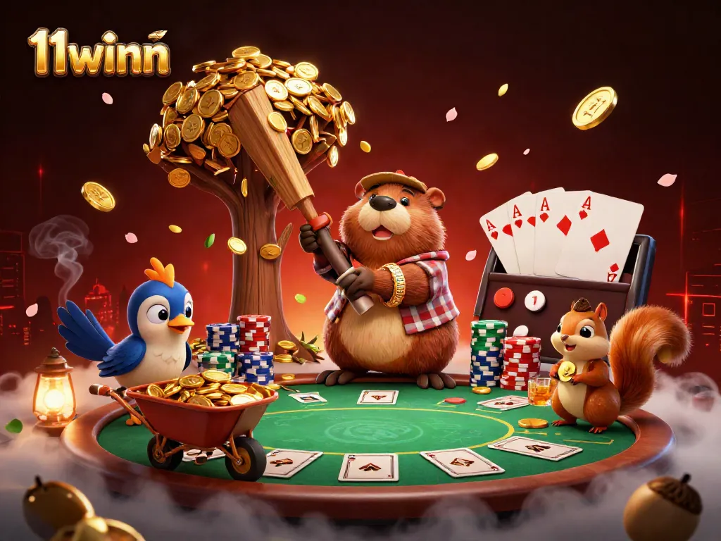 Experience thrilling gameplay with 11winn as a beaver chops a coin-producing tree while surrounded by poker elements.