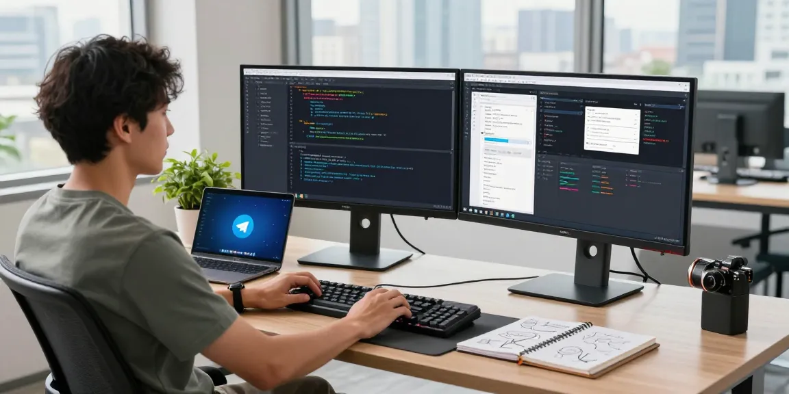 Experience the fast and secure Telegram download at a tech workspace featuring coding and app development.