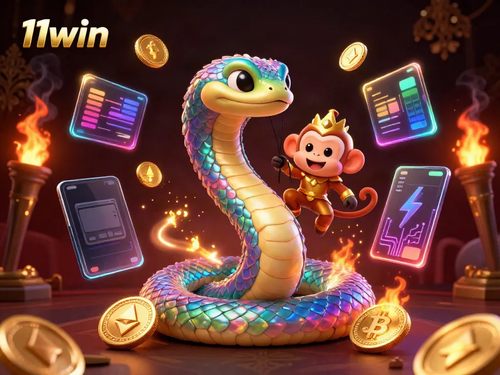 Experience the thrill of 11win's vibrant casino world with a rainbow serpent and monkey king.
