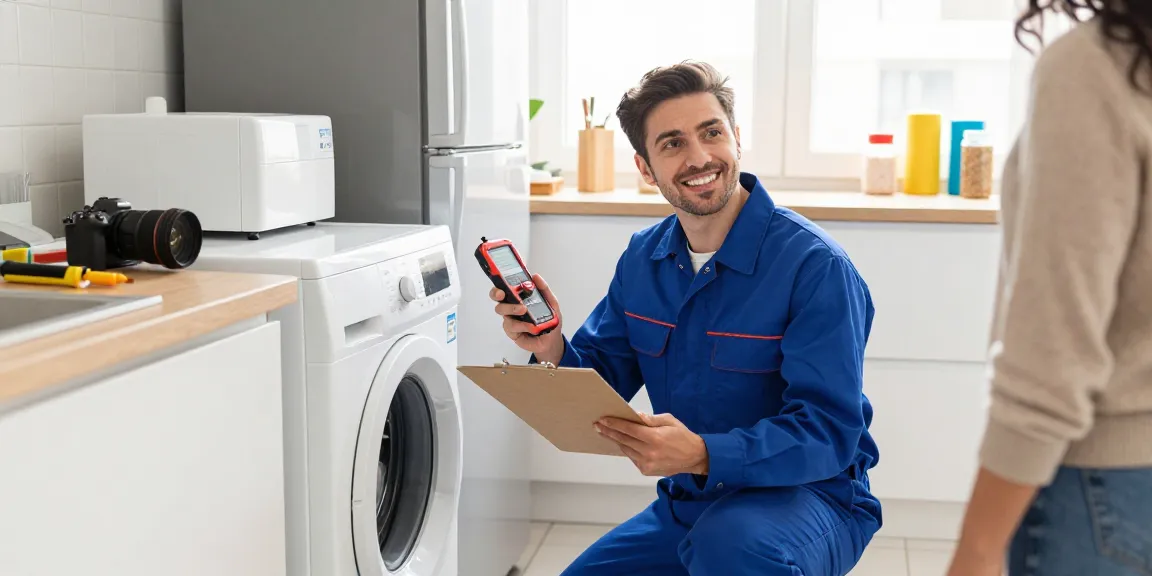 Technician providing appliance service in a bright kitchen atmosphere, ensuring appliances function efficiently.