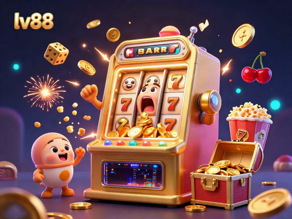 Experience endless fun at lv88 with a 3D illustration of a golden slot machine celebrating a jackpot.