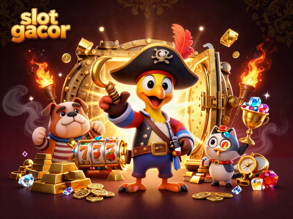 Win big with slot gacor in this vibrant pirate-themed casino adventure illustration.