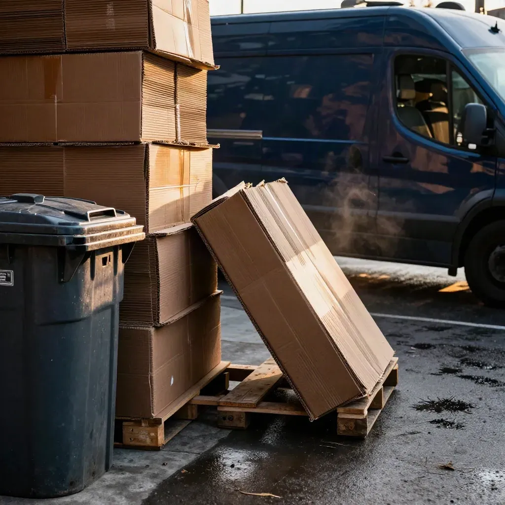 Cardboard bales, navy delivery van and recycling bins in a Toronto bakery loading lane at dusk.
