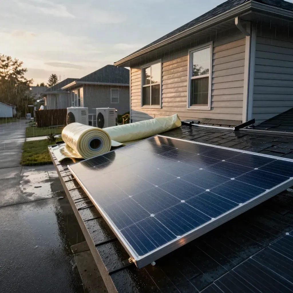 Rainy suburban roofline with solar sample, insulation roll, weatherstripping, and heat pump.