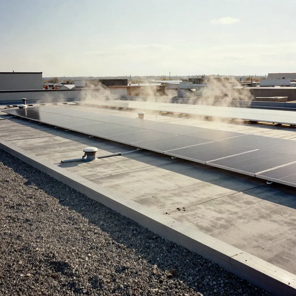 Calgary rooftop solar test layout with gravel, vent stacks, and moving cloud shadows