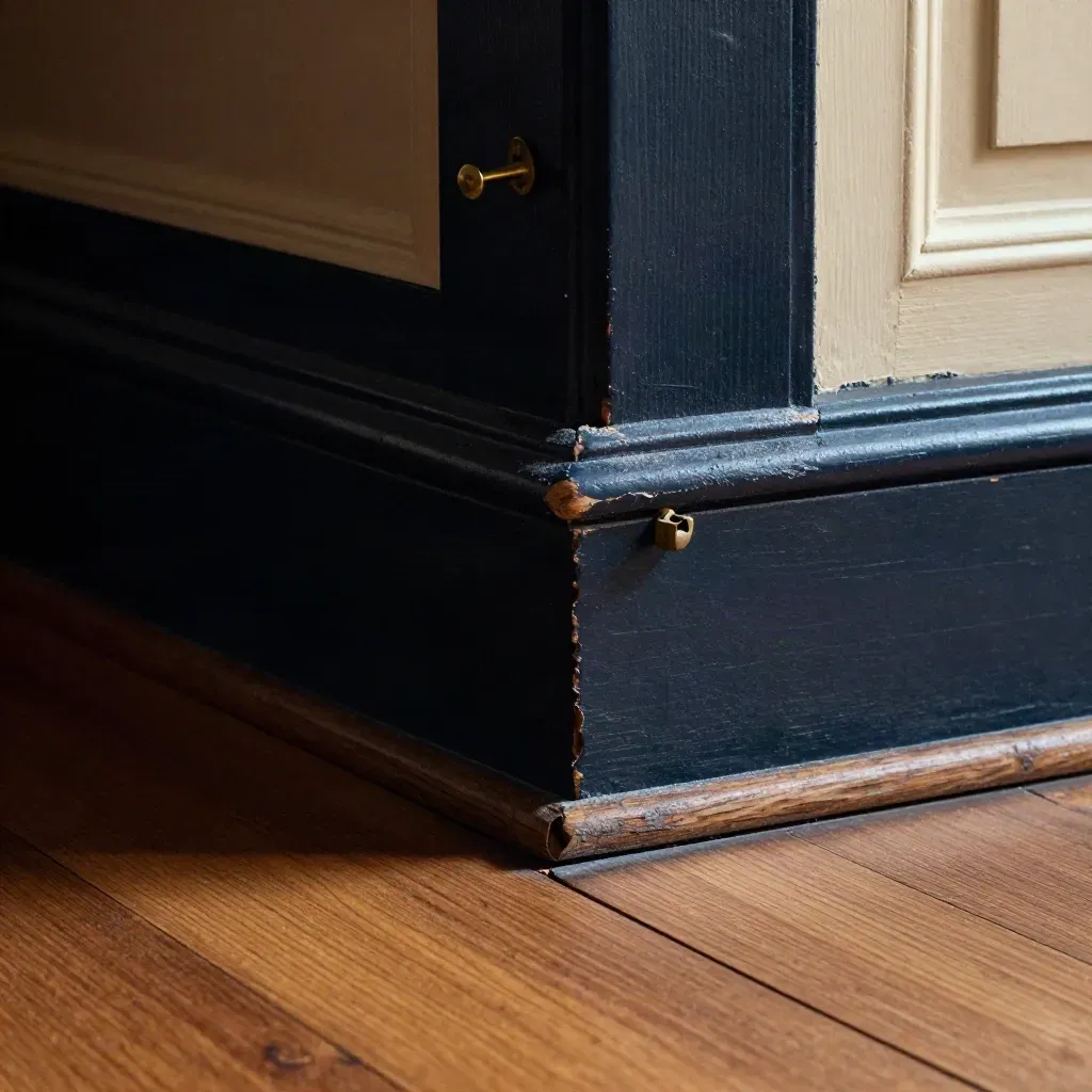 Heritage window corner with a loose catch and thin daylight gap over floorboards.