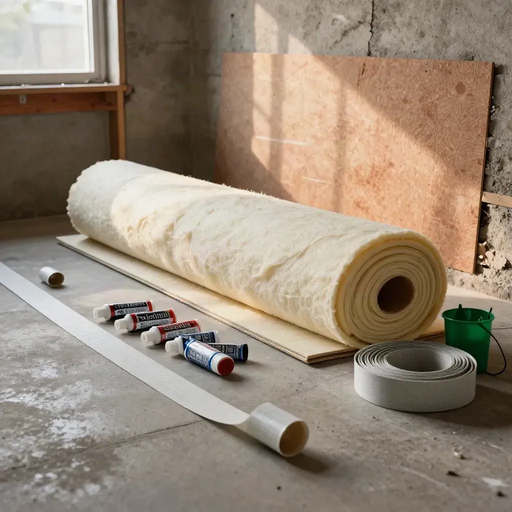 Basement retrofit supplies fanned across a concrete floor in soft window light.