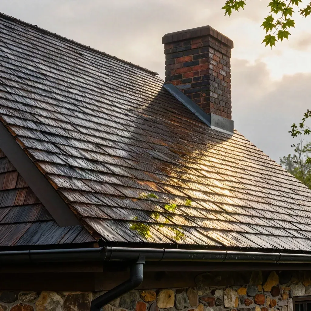 Wet cedar-shingle roof and chimney lit by a break in spring clouds, low from the gutter.