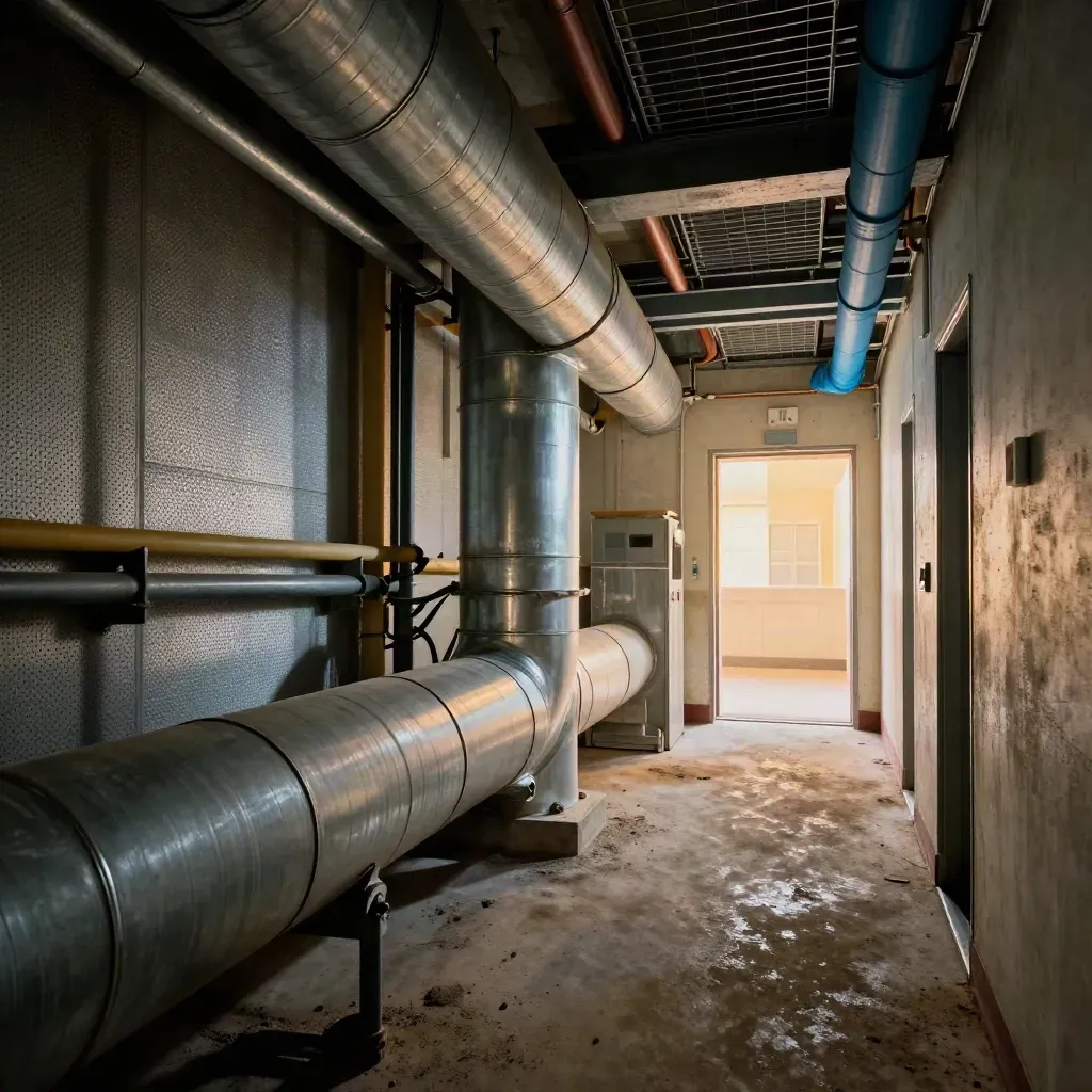Diagonal low-angle mechanical room with glowing corridor and ducts in a Toronto mid-rise