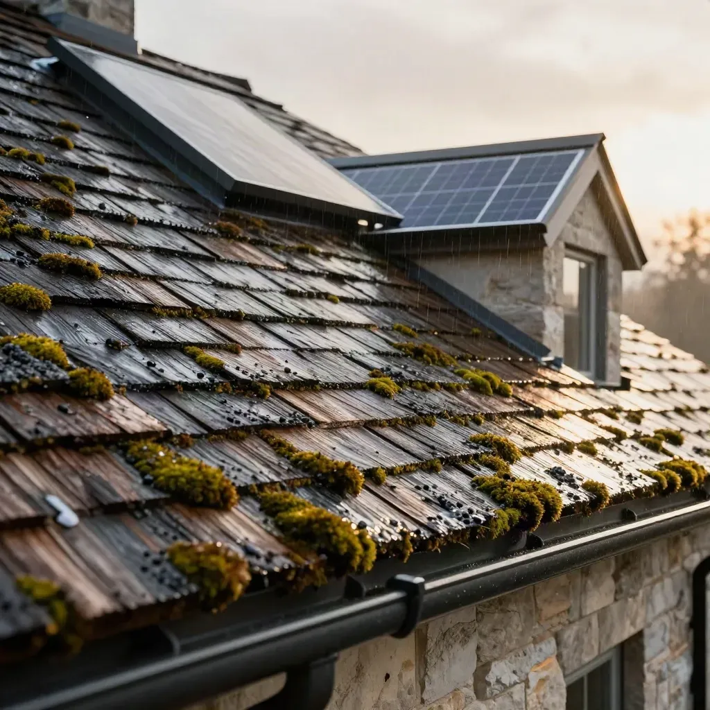 Wet BC roof with mossy cedar edges and a solar-ready plane catching a brief sunbreak