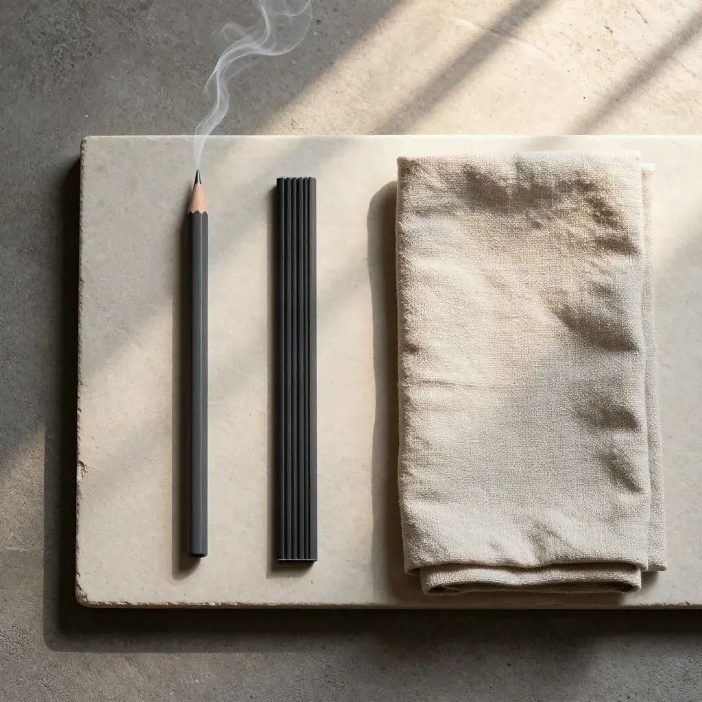 Overhead flat lay of smoke pencil, weatherstrip sample and linen cloth on pale stone tray.
