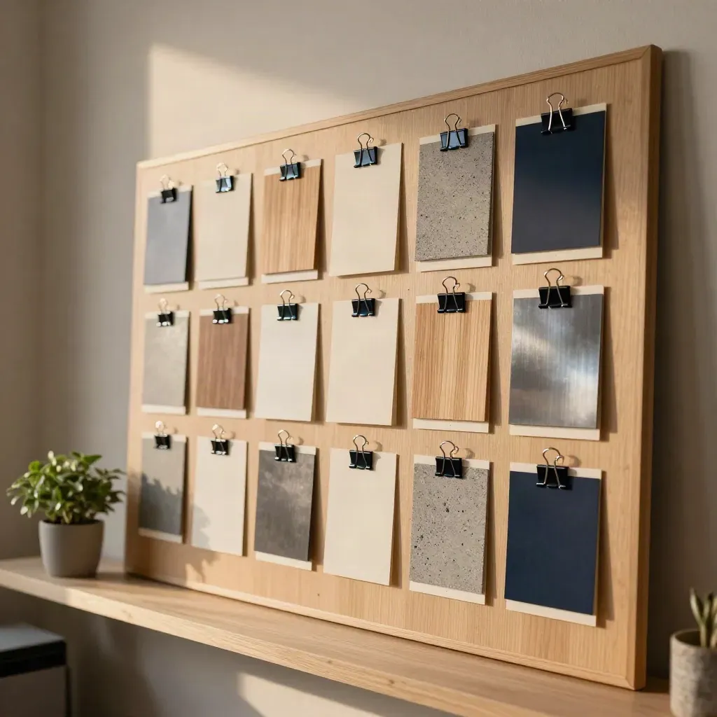 Close project board with cream cards, swatches, binder clips, a navy tab, and a small plant.