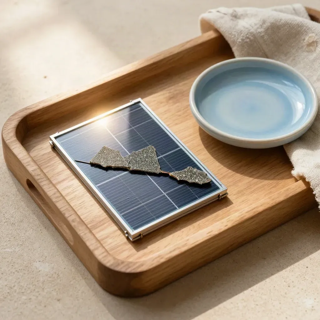 Solar module sample, roof shingle chip and ceramic dish on a wood tray in soft sunlight