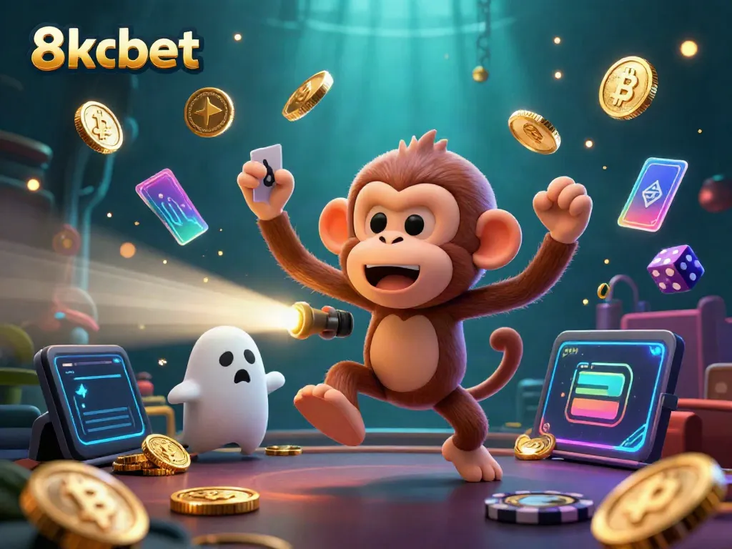 Experience the excitement of 8xbet with this dynamic illustration featuring a playful poltergeist monkey and a curious puppy in a casino setting.