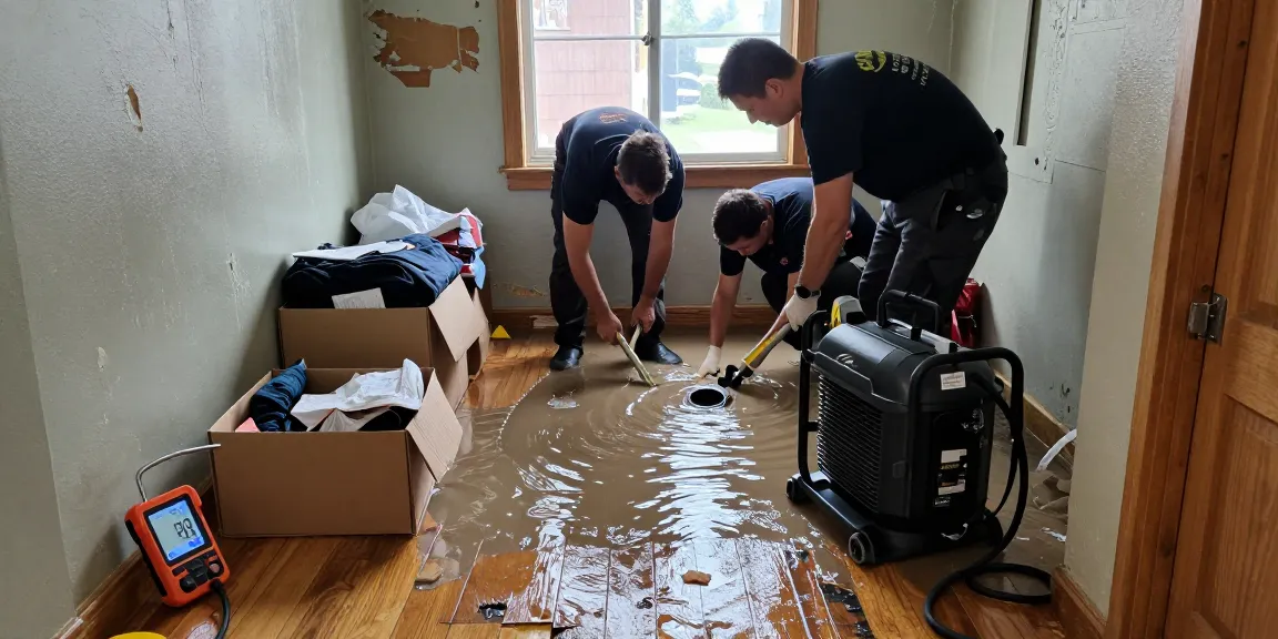 Water Damage Restoration West Vancouver team extracting water from flooded basement, showcasing urgent response and industrial equipment.