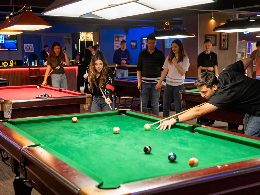 Billiards Mississauga players enjoying a vibrant game night in a lively pool hall.