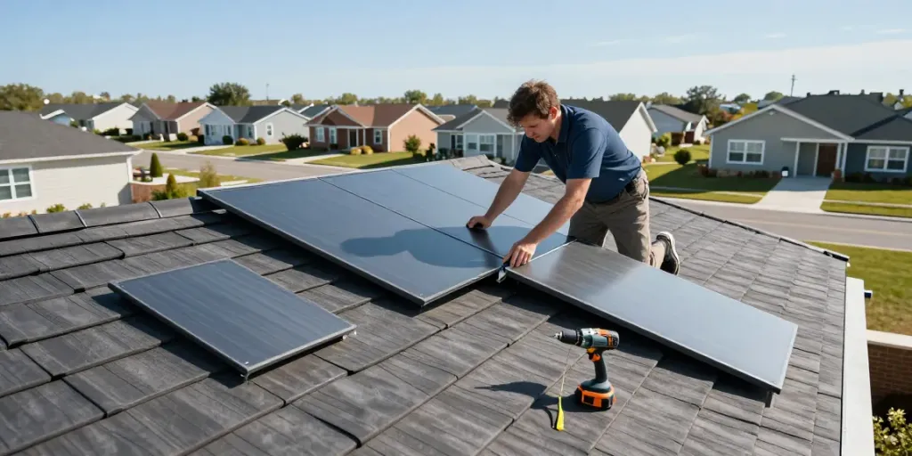 Roofer installing a standing seam roof on a sunny day, showcasing craftsmanship and durability.