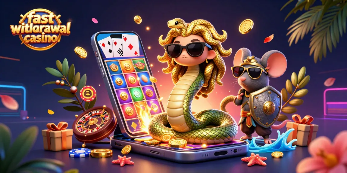 Experience the fast withdrawal casino with playful characters and vibrant gaming elements in an engaging scene.