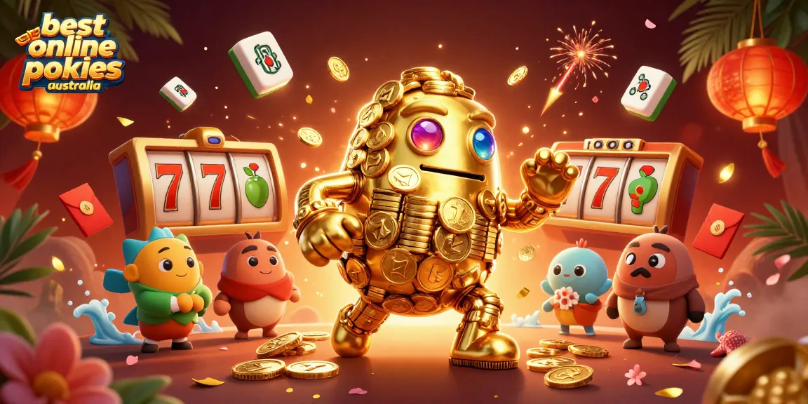 Play best online pokies Australia with dynamic slot reels and an ancient golden golem in a vibrant scene.